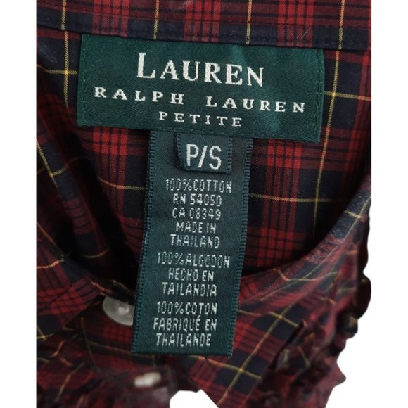 VTG 90s Lauren Ralph Lauren Red Plaid Ruffled Button Up Long Sleeve Top S Petite - Picture 4 of 9
